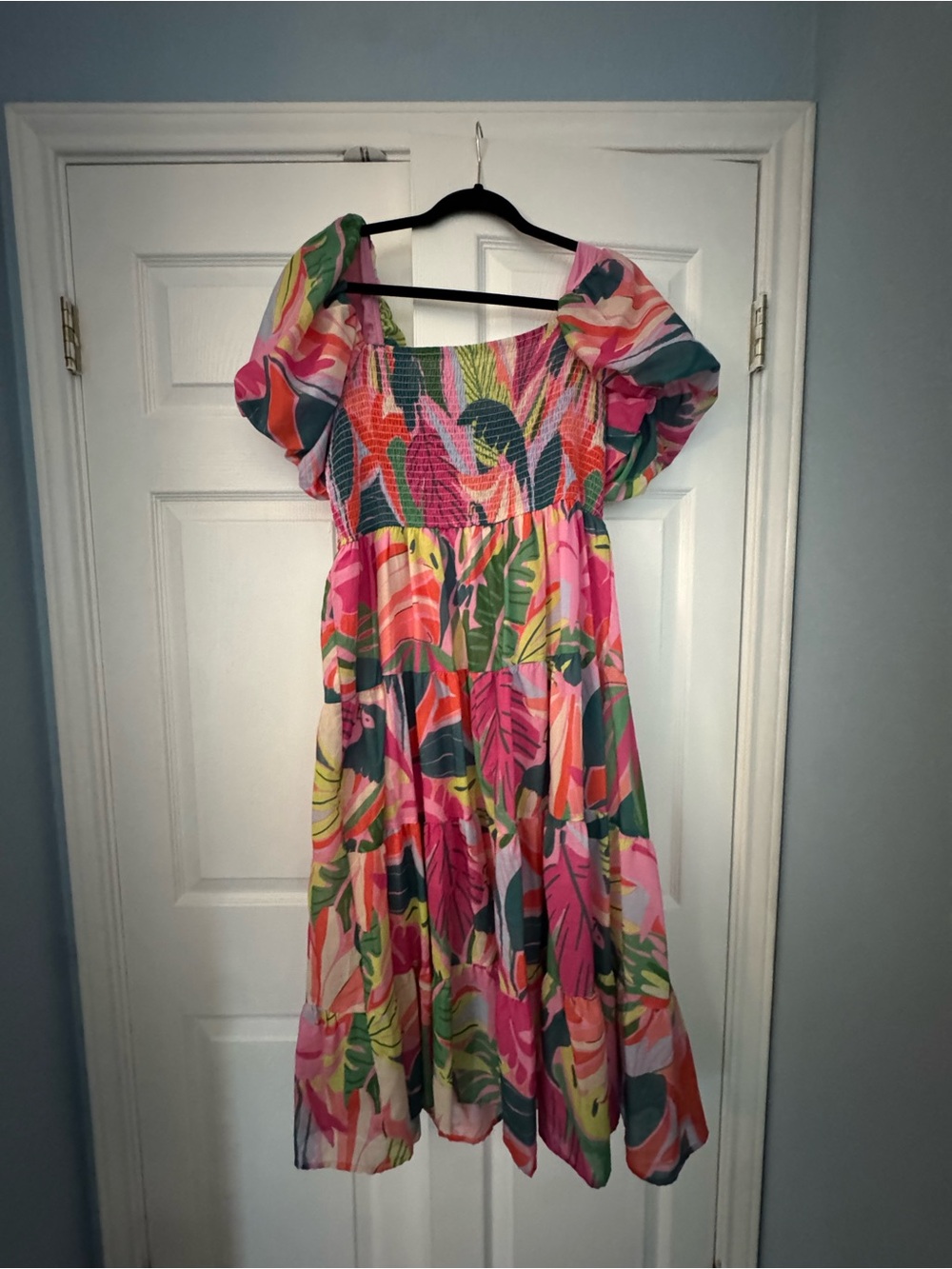 Tropical Pink Multi Puff-Sleeve Midi Dress